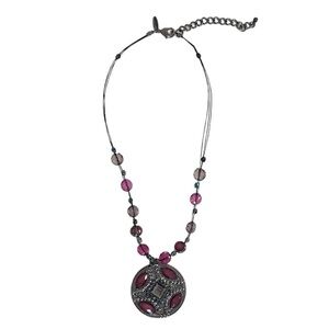 Purple Beaded Necklace with Large Gem Medallion on Black Wire